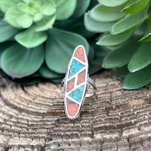 Vintage Navajo Turquoise & Coral Sterling Silver Ring Size 6.5