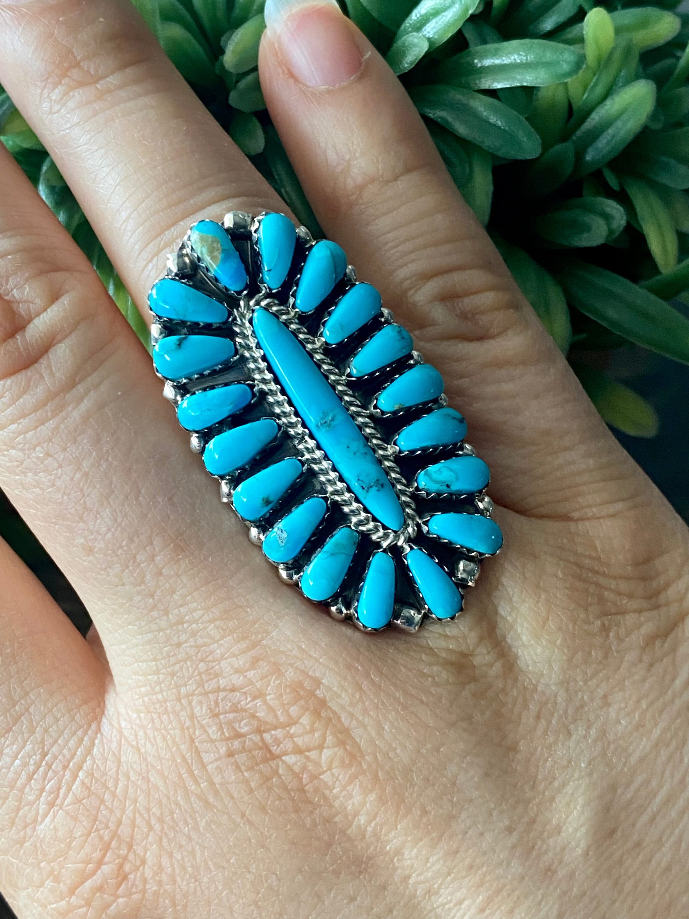 Navajo Made Kingman Turquoise & Sterling Silver Cluster Ring Size 9.25 ...