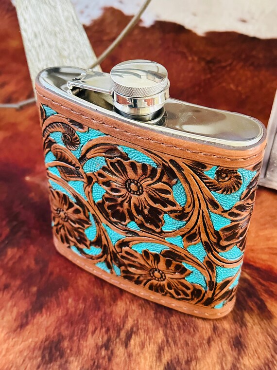 Genuine Tooled Leather 16 oz Flask - image 4