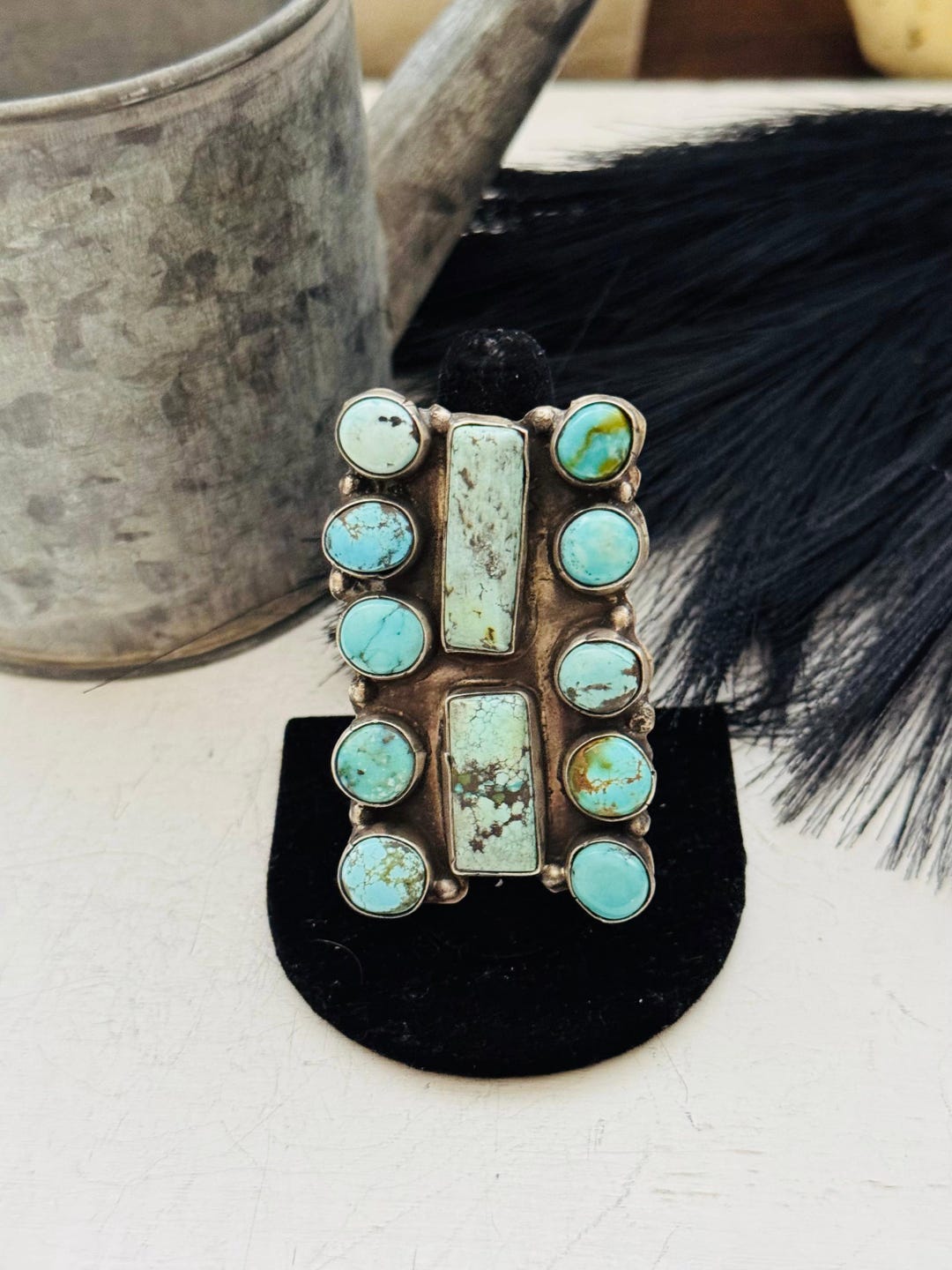 •KINGMAN TURQUOISE - BIGGIE 1• Navajo silver ring (size 8) main image 1