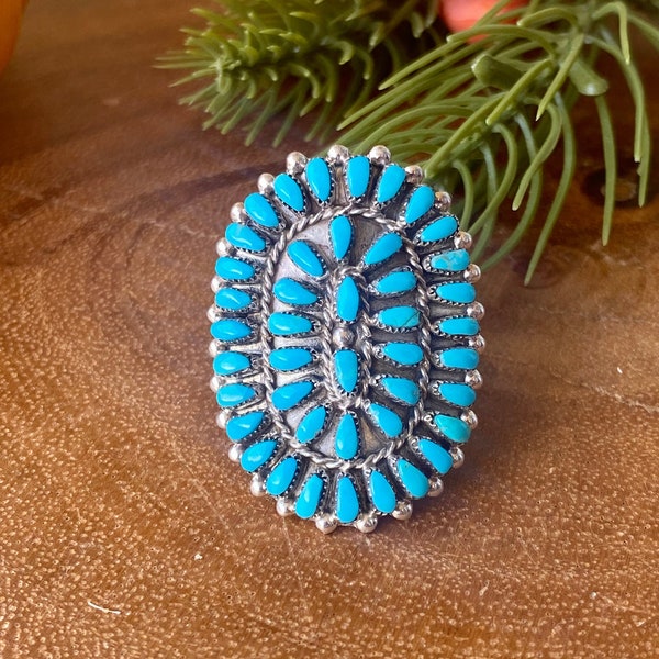 Mike Dishta Zuni Turquoise & Sterling Silver Cluster Ring Size 5.5