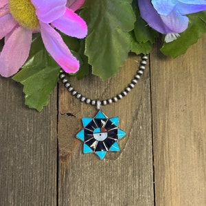 Zuni Made Multi Stone & Sterling Silver Inlay Sunface Pendant