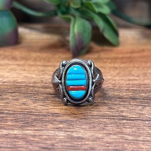 Navajo Turquoise & Coral Sterling Silver Mens Ring Size 10.75