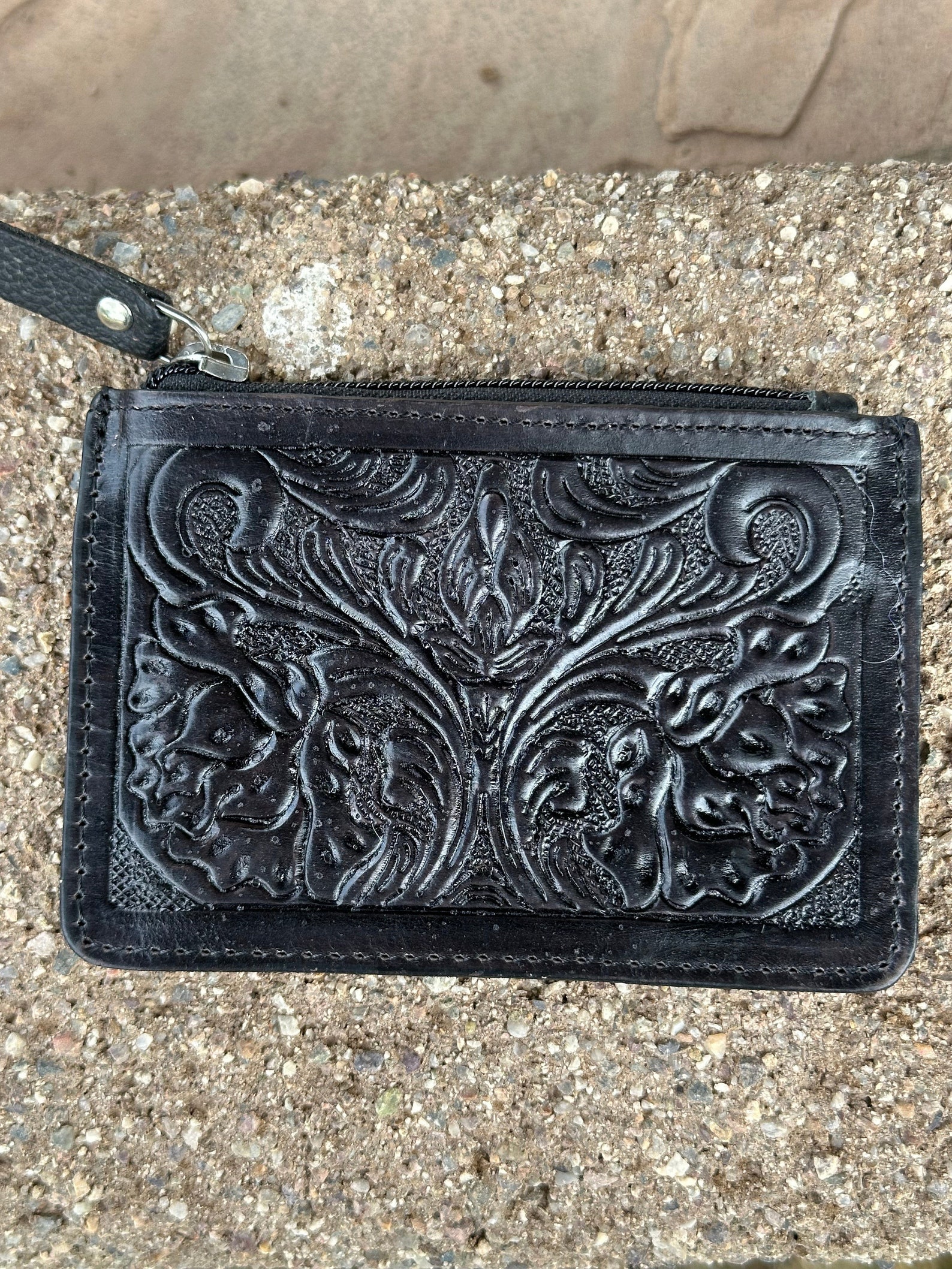 Checkered Tooled Leather Credit Card Holder