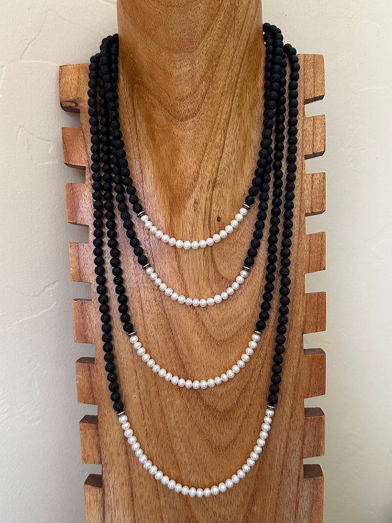 Navajo Strung Onyx and Fresh Wayer Pearls & Sterli