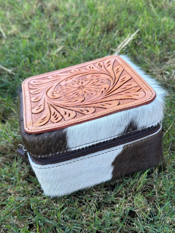 Genuine Tooled Leather Cowhide Jewelry Box Gem