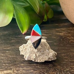 Zuni Made Multi Stone & Sterling Silver Inlay Ring Size 5.25