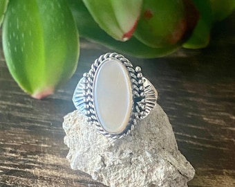 Navajo Made Mother of Opal & Sterling Silver Ring Size 4.5