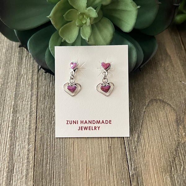 Zuni Made Sugilic & Sterling Silver Post Heart Dangle Earrings