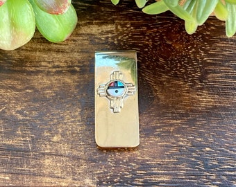 Navajo Made Multi Stone & Sterling Silver Inlay Sunface Zia MoneyClip