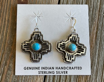 Navajo Sterling Silver Turquoise Zia Dangle Earrings by Spencer 
