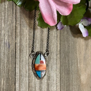 Navajo Made Multi Stone & Sterling Silver Inlay Necklace