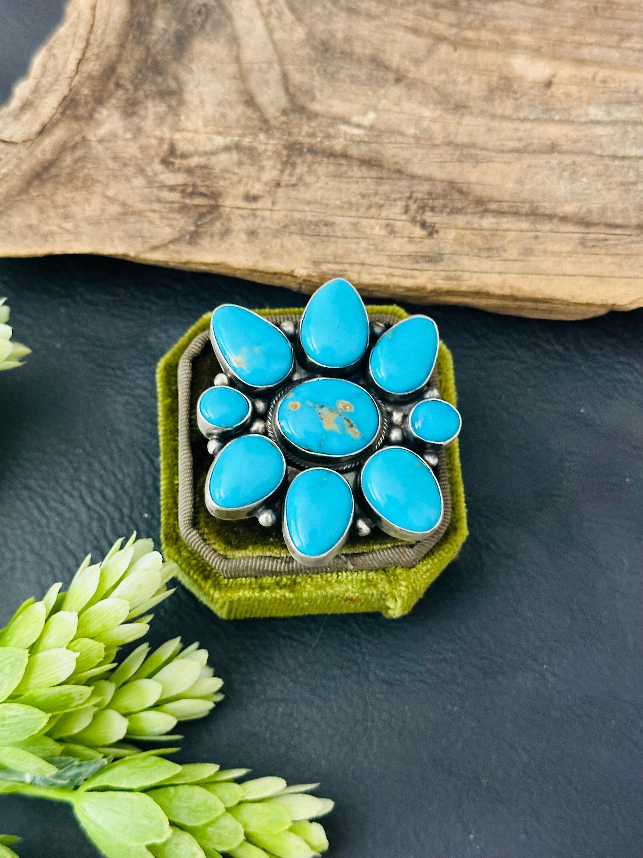 Navajo Made Kingman Turquoise & Sterling Silver Cluster Ring Size 7.5 ...