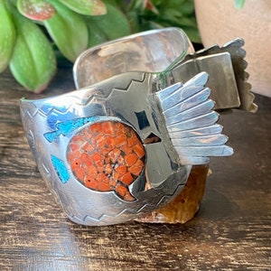 Vintage Navajo Made Turquoise & Coral Sterling Silver Watch Cuff Bracelet