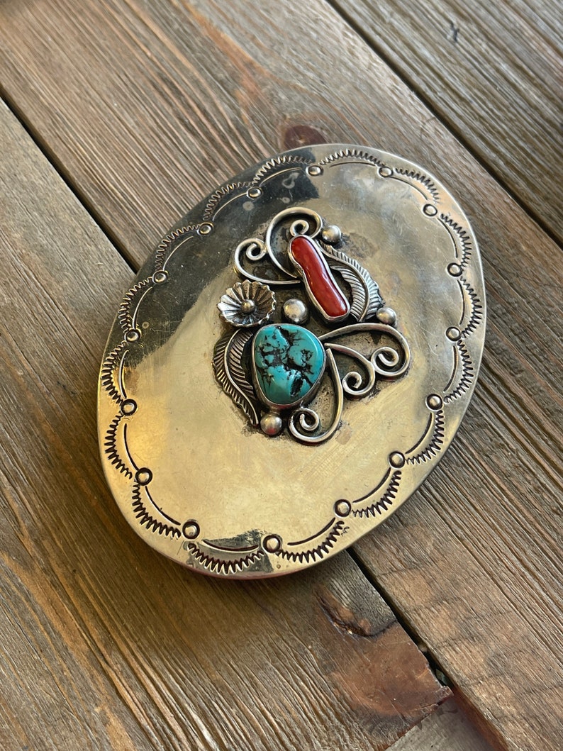 Vintage Navajo Turquoise /& Coral Sterling Silver Men\u2019s Belt Buckle