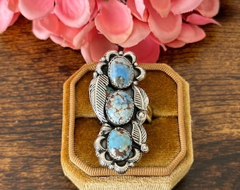 Southwest Handmade Golden Hills Turquoise & Sterling Silver Cluster Adjustable Ring