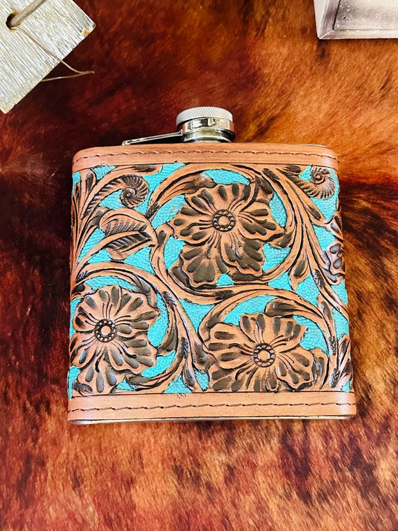 Genuine Tooled Leather 16 oz Flask - image 1