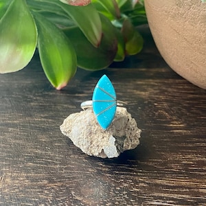 Zuni Made Turquoise & Sterling Silver Inlay Ring Size 4.75