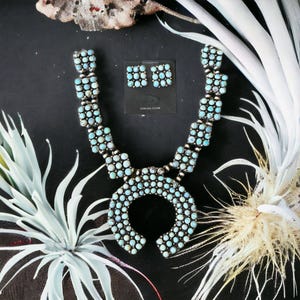 Navajo Made Golden Hills Turquoise & Sterling Silver Squash Blossom Necklace Set