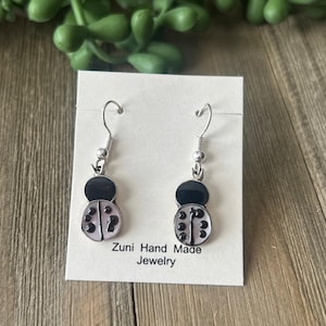 Zuni Made Multi Stone & Sterling Silver Lady Bug Inlay Dangle Earrings