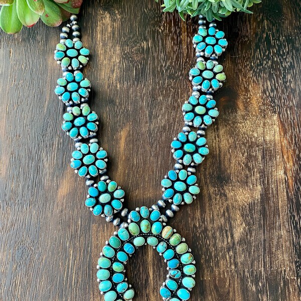 Ben Yellowhorse Mix Natural Turquoise & Sterling Silver Cluster Squash Necklace
