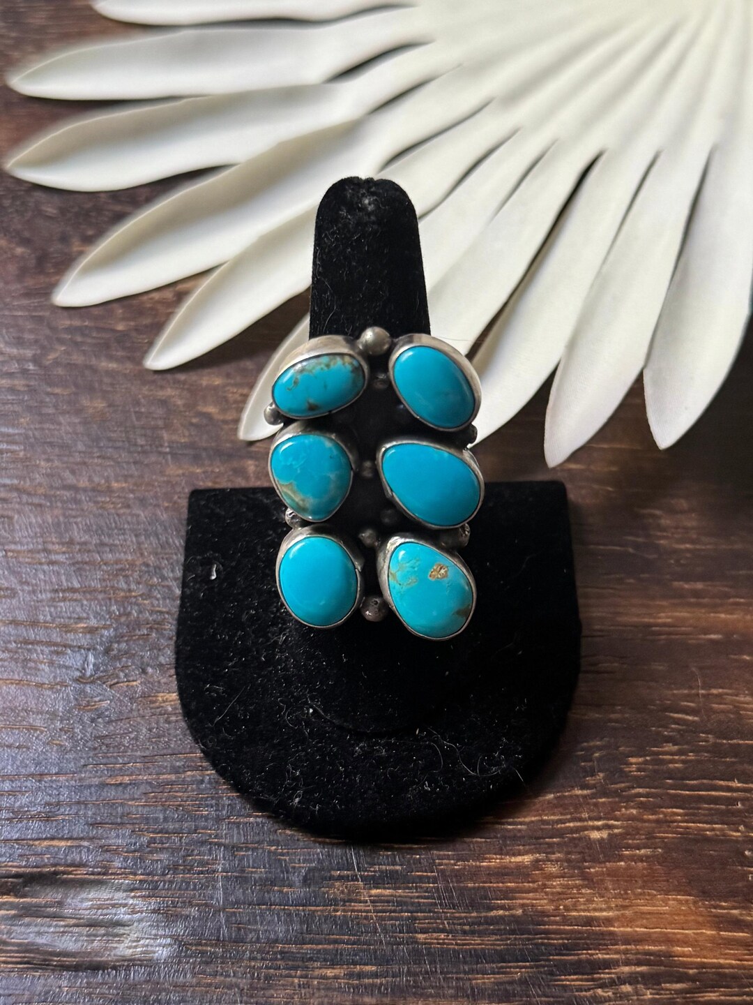 Navajo Made Kingman Turquoise & Sterling Silver Cluster Ring Size 7.75 ...