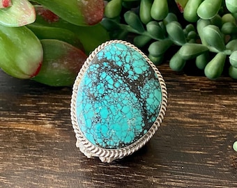 Navajo Made Hubei Turquoise & Sterling Silver Ring Size 10