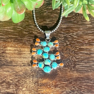 Southwest Handmade Kingman Turquoise & Spiny Oys Sterling Silver Prickly Pear Cactus Pendants