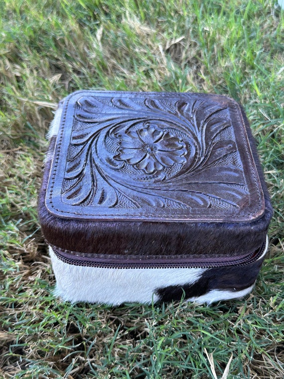 Genuine Tooled Leather Cowhide Jewelry Box Gem