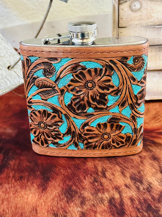 Genuine Tooled Leather 16 oz Flask - image 2