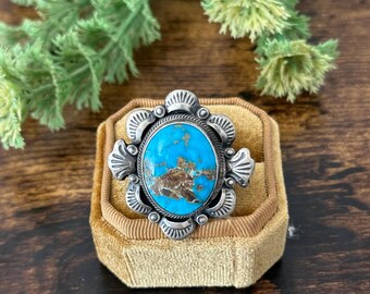 Gilbert Tom Blue Ridge Turquoise & Sterling Silver Ring Size 8.5