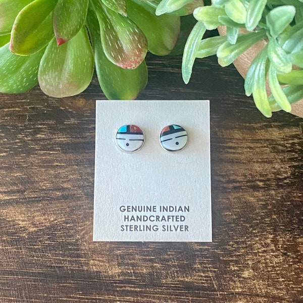 Zuni Multi Stone & Sterling Silver Sunface Inlay Stud Earrings