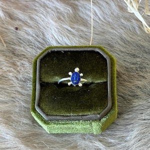 Può includere: Un anello in argento con una piccola pietra ovale di lapislazzuli blu incastonata al centro. La pietra è circondata da una montatura in argento a forma di tartaruga, con quattro piccole zampe in argento e una testa che sporge dai lati.