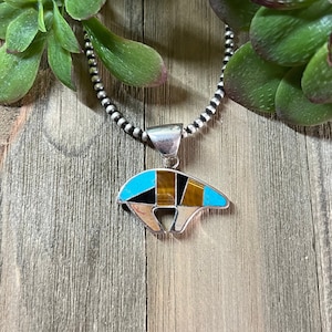 Navajo Made Multi Stone & Sterling Silver Inlay Bear Pendant