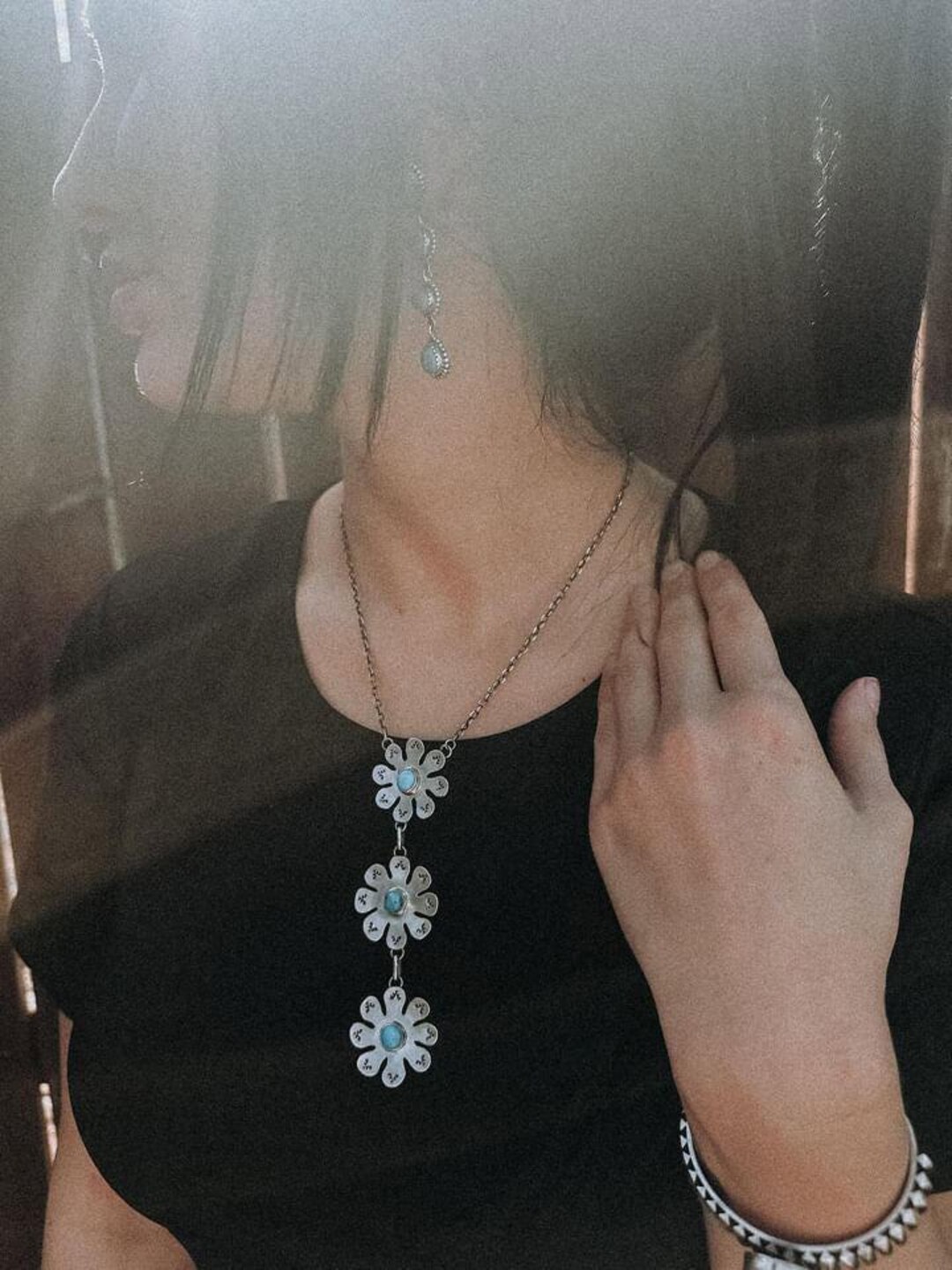 Tia Long Navajo Sterling Silver Kingman Turquoise Handmade Blossom Earrings marked