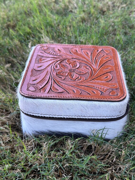 Genuine Tooled Leather Cowhide Jewelry Box Gem