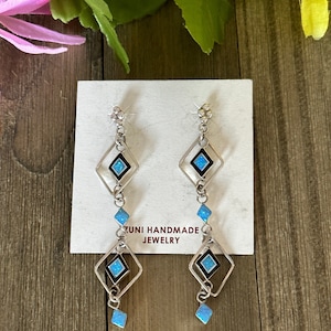 Zuni Made Opal (Man Made) & Sterling Silver Post Dangle Earrings