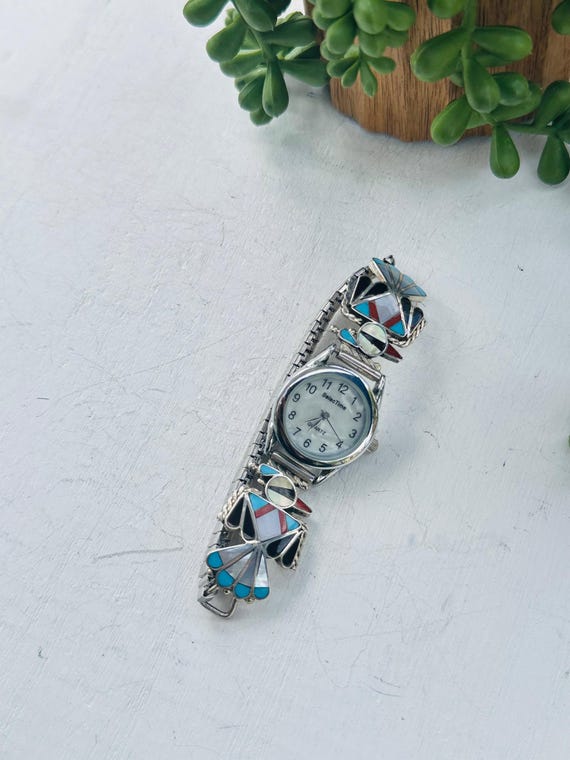 Zuni Made Multi Stone & Sterling Silver Inlay Adjustable 