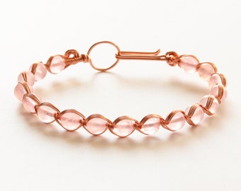 Copper Wire Wrapped Beaded Bracelet - Rose Quartz Bracelet - Crystal Bracelet - Copper Bracelet - Bracelet for Women - Gemstone Bracelet