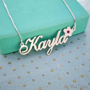 Name Necklace woth Flower Kayla Design Birthstone Accent All Solid Sterling Silver 925 Handmade