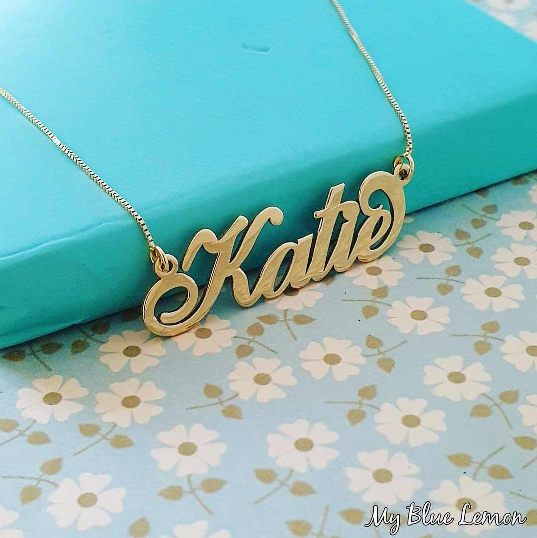Name Necklace Solid 14k Gold REAL 14 Karat Gold Stamped 14k Katie Style DOUBLE THICKNESS Etsy