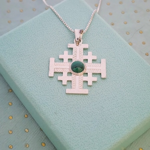Sterling Silver Jerusalem Cross Pendant: Eilat Stone, Handmade in Israel
