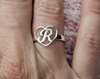 Personalized Ring Initial in Heart Sterling Silver