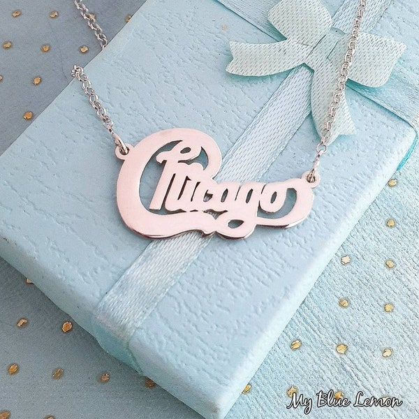 Chicago Necklace, Chicago Chain, Chicago Pendant, Chicago Script Nameplate, Chicago Pride