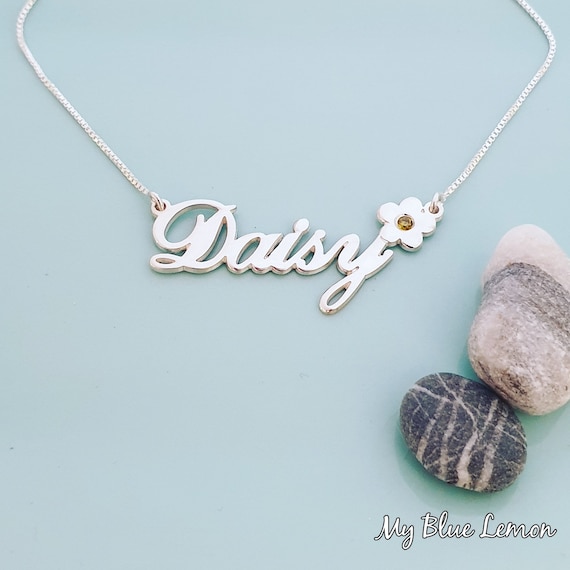 Name Necklace for Girl Flower Accent 