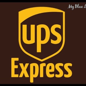 May include: The UPS Express logo features a shield shape in gold and brown, with the words "ups" and "Express" in gold. The text "My Blue Lemon" is in the upper right corner.
