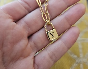 Stainless Steel Padlock Initial Necklace, Personalized Letter Lock Pendant, Unisex Gift