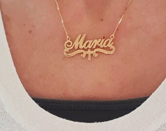 14k Gold Maria Style Name Necklace: Personalized with Birthstone and Bow or Cross