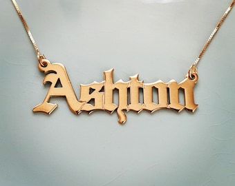 Name Necklace Large Gothic Old English Big Nameplate Personalized Custom Made 18k Gold Plated