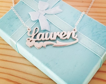 Name Necklace 14k Gold Heart Accent Lauren Design Two hearts